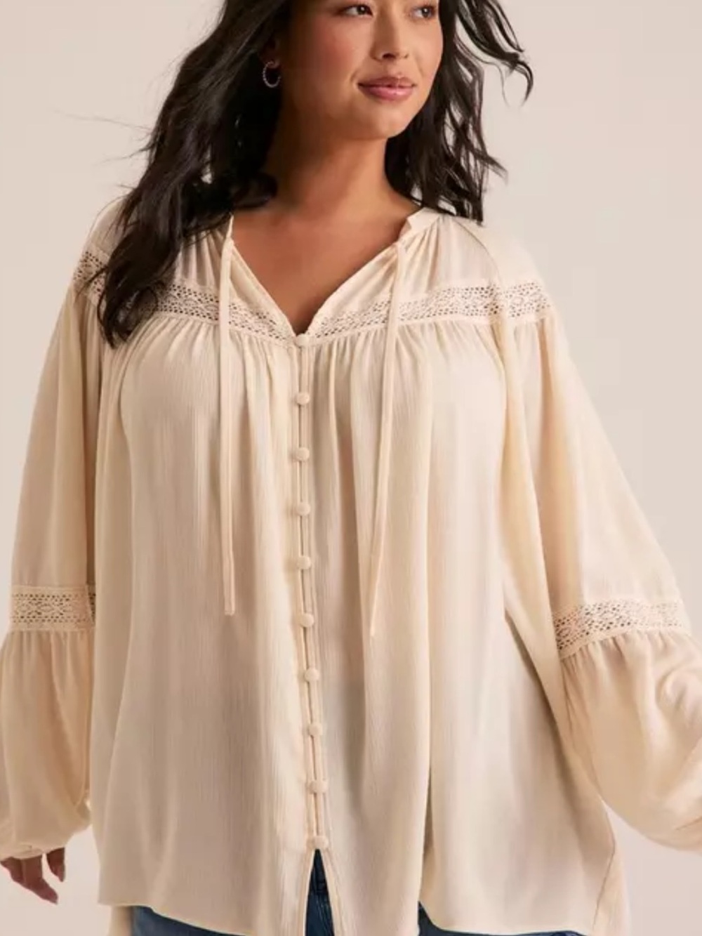 torrid cream lace-trim peasant blouse with buttons